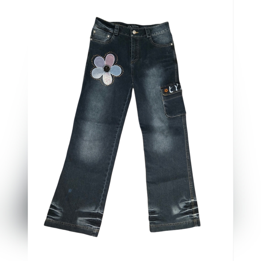Y2K Ele Saison Embroidered Flower Cargo Jeans • Size 9‎ • Kawaii Harajuku Denim